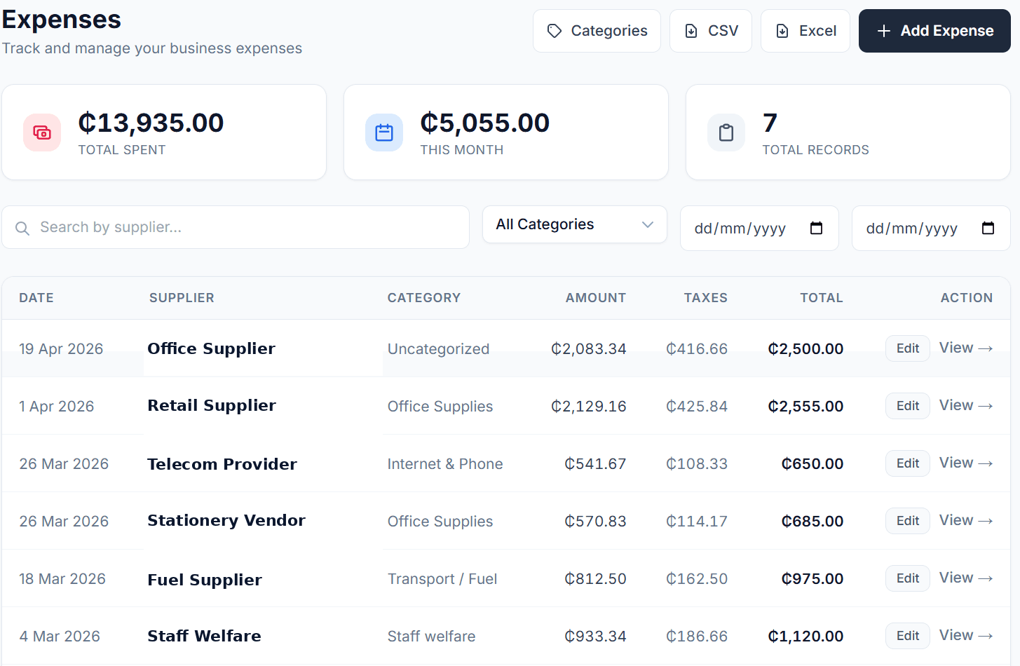 Finza expenses screen showing business expense records