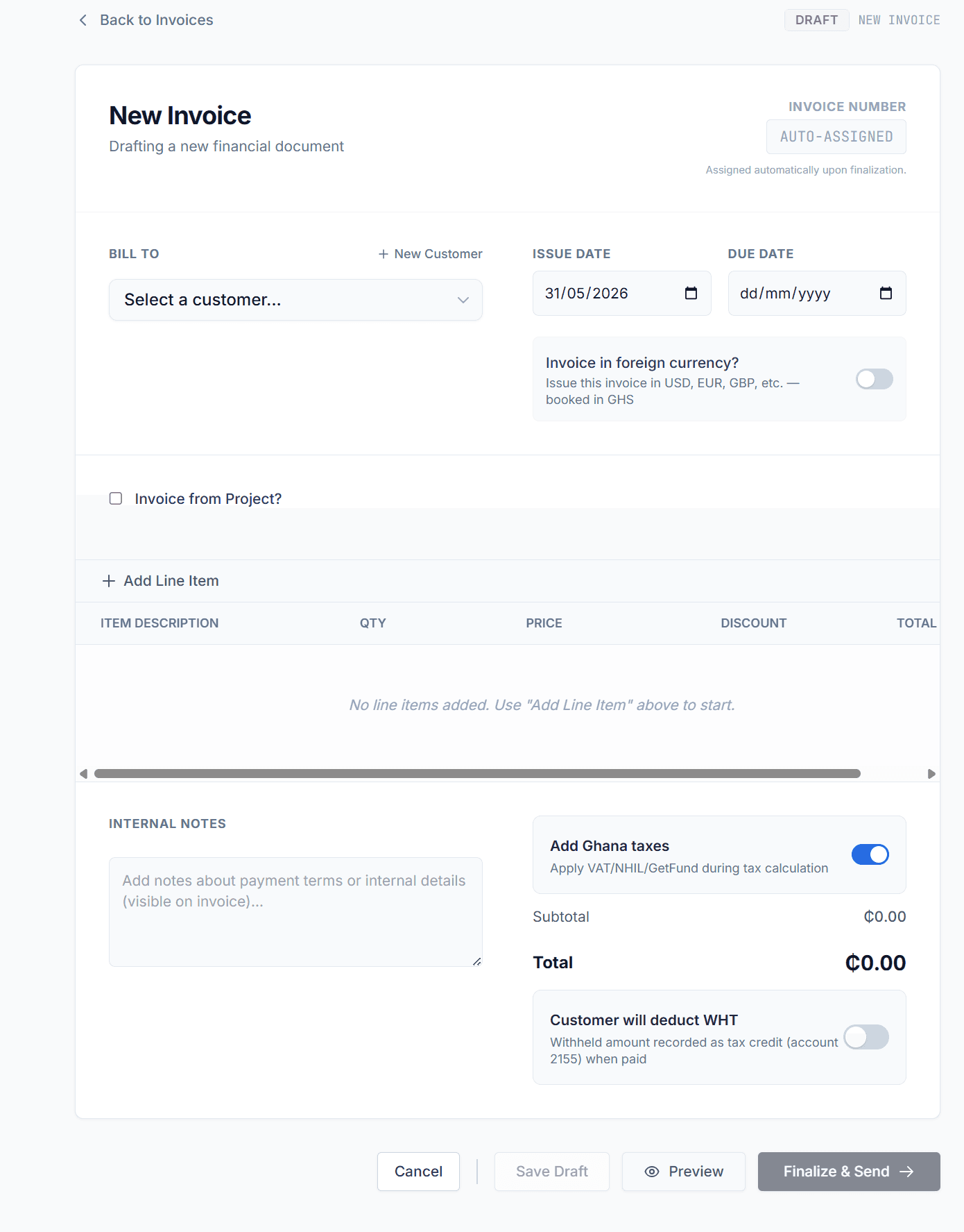 Finza invoice creation screen for preparing a customer invoice