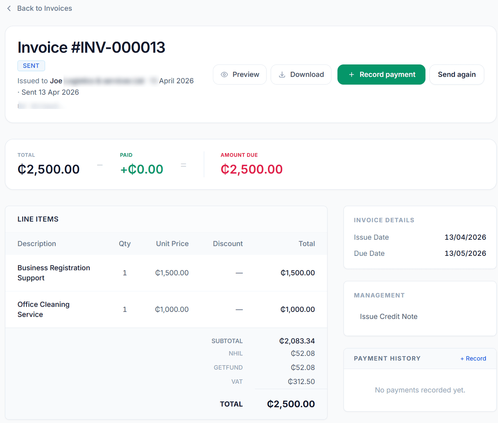 Sample Finza invoice document showing totals and payment details