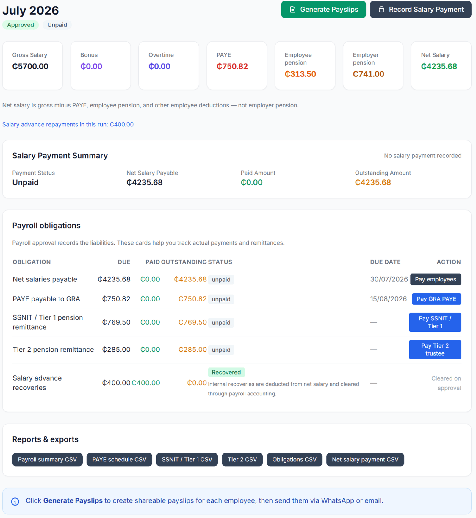 Finza payroll screen showing salary and payroll records