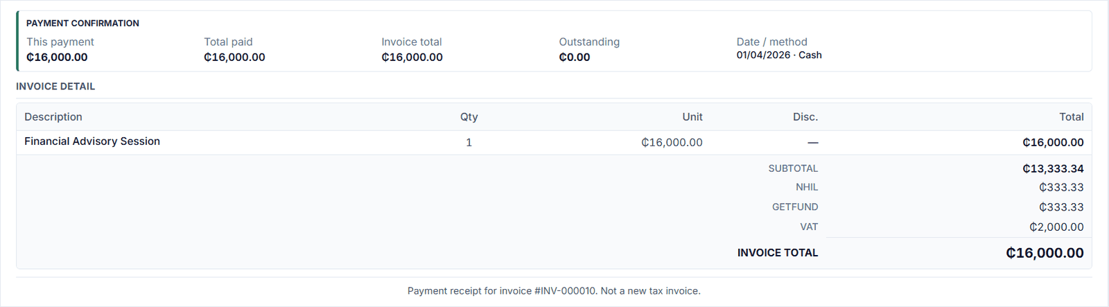 Finza payment and receipt screen showing customer payment records